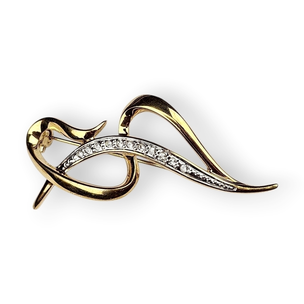 Vintage Rhinestone Brooch S Initial Curved Ribbon Gold Plated White Crystal 2"